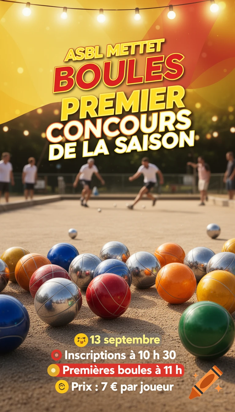 A vibrant event poster for a pétanque competition, showing players on a court in the background and a pile of colorful boules in the foreground. The text announces "ASBL METTET BOULES PREMIER CONCOURS DE LA SAISON" with details for September 13th, including registration and play times, and a 7€ entry fee.