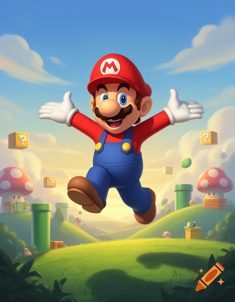 Mario leaps joyfully through a vibrant, cartoonish landscape with green hills, pipes, and question blocks under a bright blue sky.