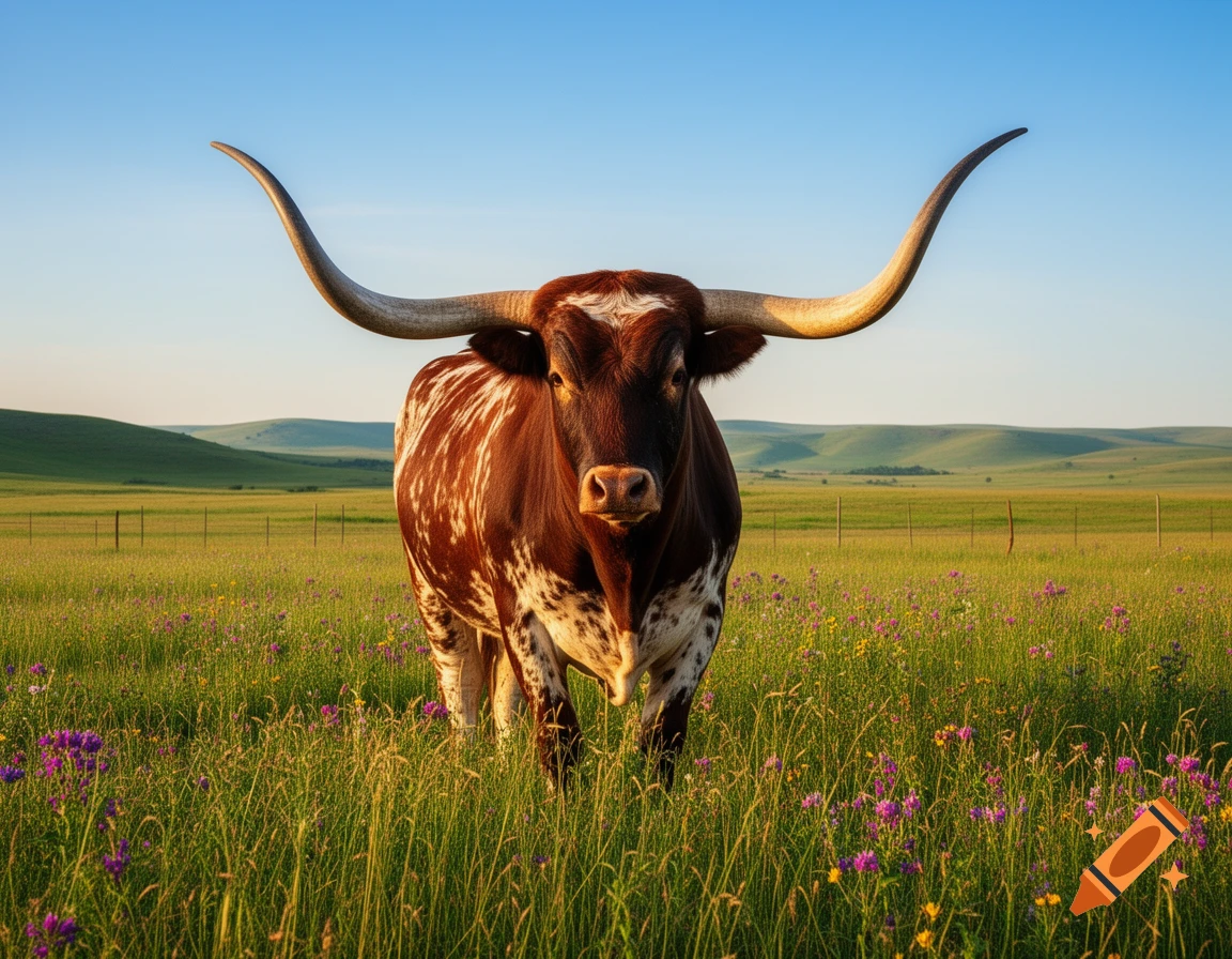 A photorealistic longhorn bull with large horns stands in a grassy pasture with purple wildflowers under a clear blue sky.