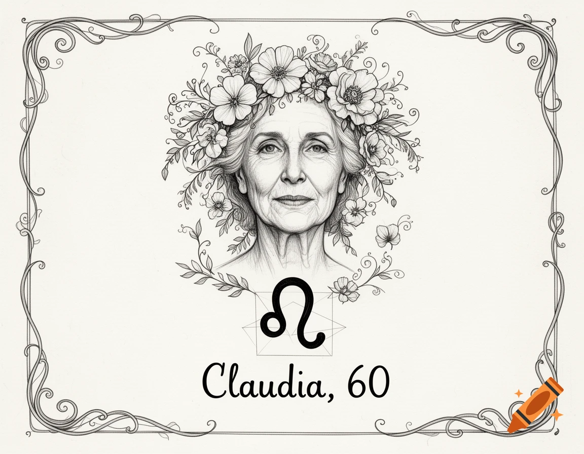Black and white sketch of an older woman with a floral crown, a Leo zodiac symbol, and 'Claudia, 60' in an ornate frame.