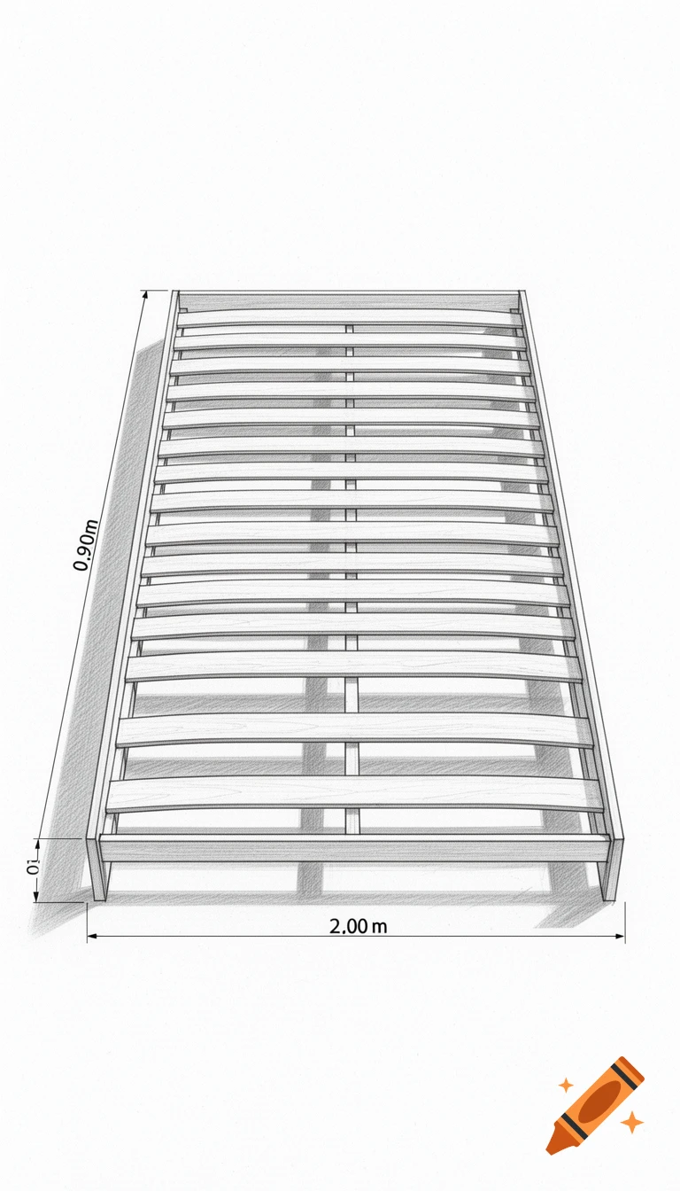 A technical sketch of a slatted bed base with dimensions 0.90m by 2.00m labeled.