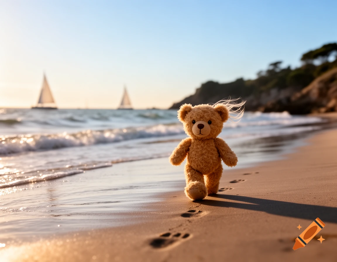 A fluffy brown teddy bear walks along a sunny sandy beach, leaving footprints, with ocean waves and sailboats in the background.