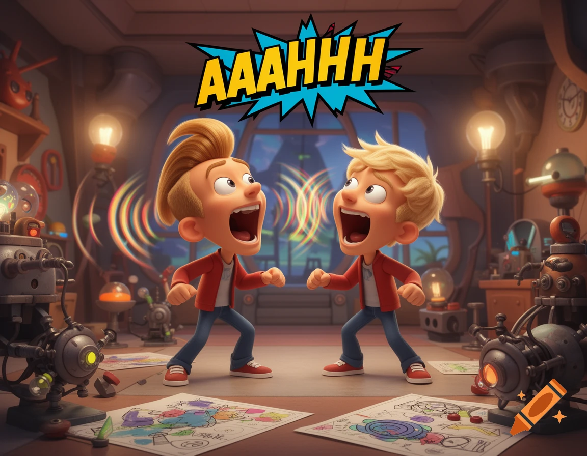 Two cartoon boys screaming with wide open mouths in a cluttered science lab, with an 'AAAAHHH' speech bubble.