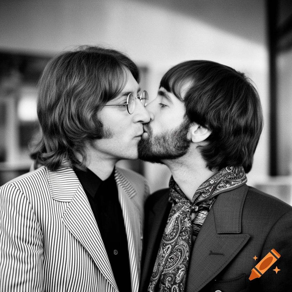Black and white photorealistic portrait of John Lennon and Ringo Starr kissing.