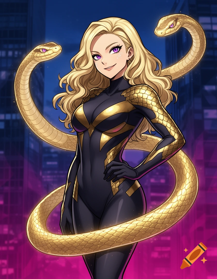 Anime woman with blonde hair and purple eyes in a black and gold snake-patterned bodysuit, two golden snakes coiled around her, against a city background.
