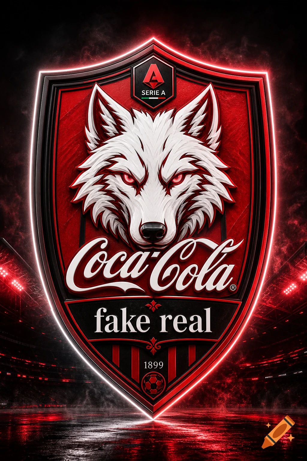 A red, black, and white shield emblem with a white wolf head, 'Coca-Cola' logo, 'SERIE A', and 'fake real' text, on a neon-lit stadium background.