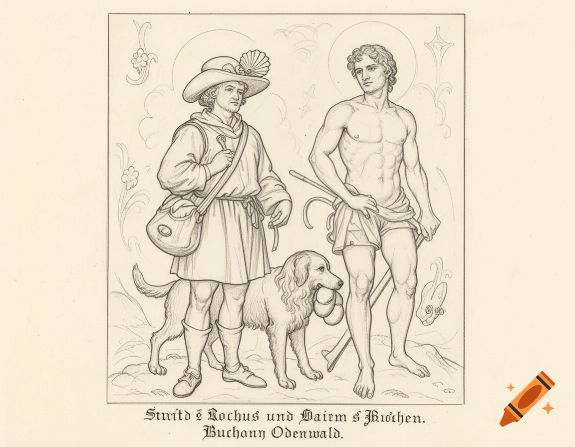 Pencil drawing for coloring of Saint Roch and Saint Sebastian with a dog, depicted as patron saints. The dog holds bread in its mouth.