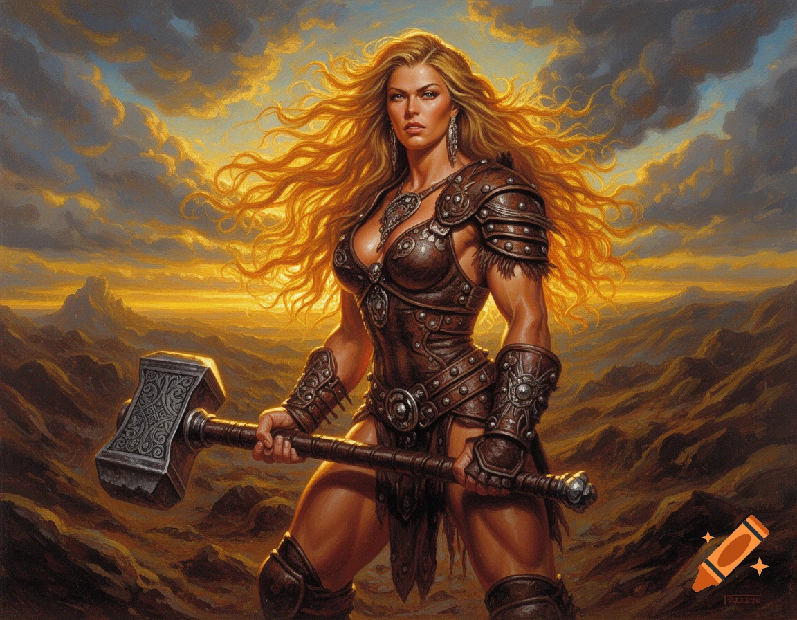 Muscular blonde fantasy barbarian woman in armor holding a hammer, standing in a rocky landscape under a golden sunset, oil painting style.