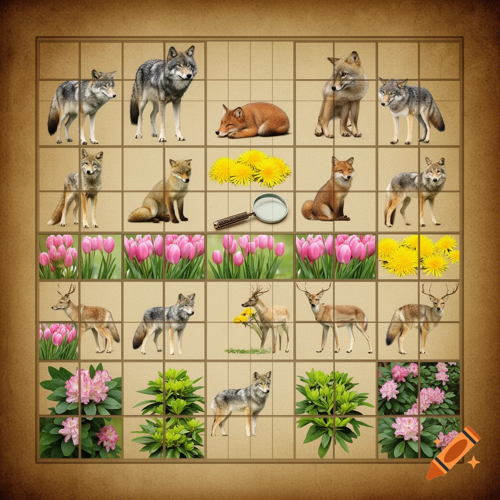 A sudoku-style grid with a vintage brown border and beige squares, featuring various animals like wolves, foxes, deer, and coyotes, along with different plants like pink tulips, yellow dandelions, and pink rhododendrons, and one square containing a detective's magnifying glass.