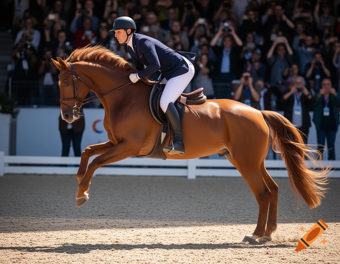 A person in riding gear on a brown horse, mid-jump in a sandy arena with a crowd watching in the background.
