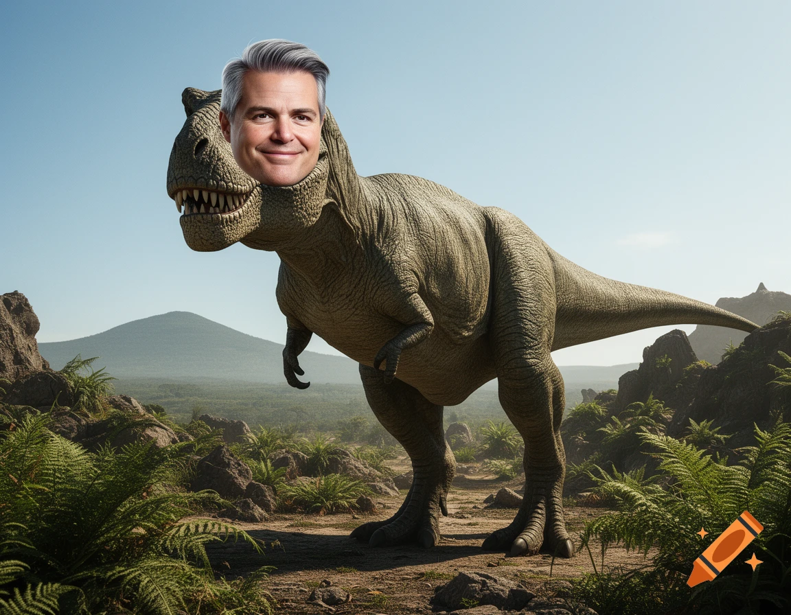 A smiling man's head is superimposed onto a T. rex body in a vibrant, prehistoric landscape.
