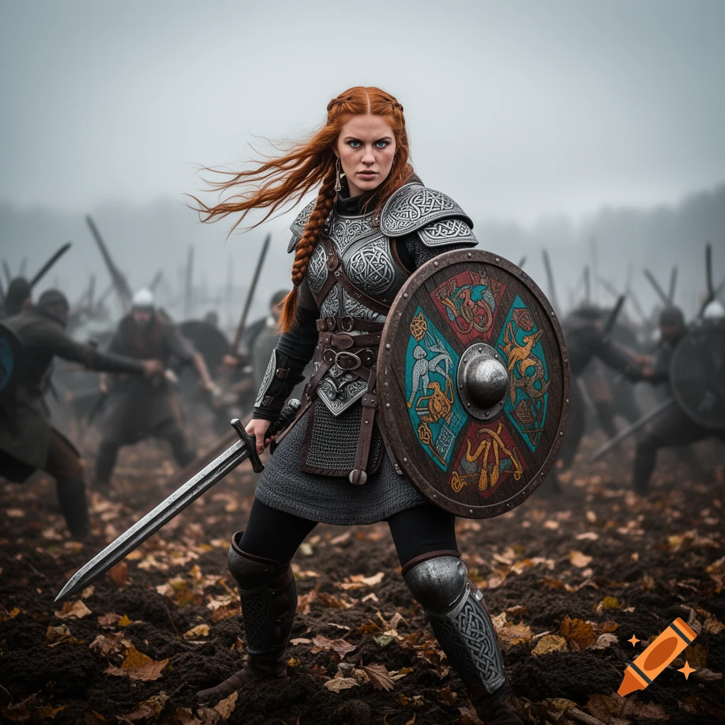 A fierce red-haired Viking shieldmaiden in detailed armor holds a sword and a patterned shield, standing on a muddy battlefield amidst blurred figures.