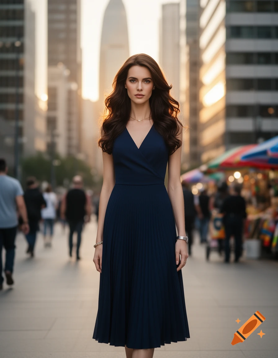 A woman with dark, wavy hair in a dark blue pleated dress stands on a city street.