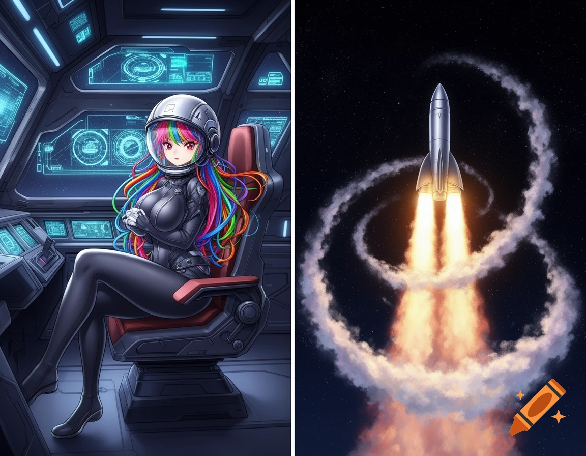Two panels: an anime girl with rainbow hair in a spacesuit sits in a futuristic cockpit, and a rocket blasts off into space.