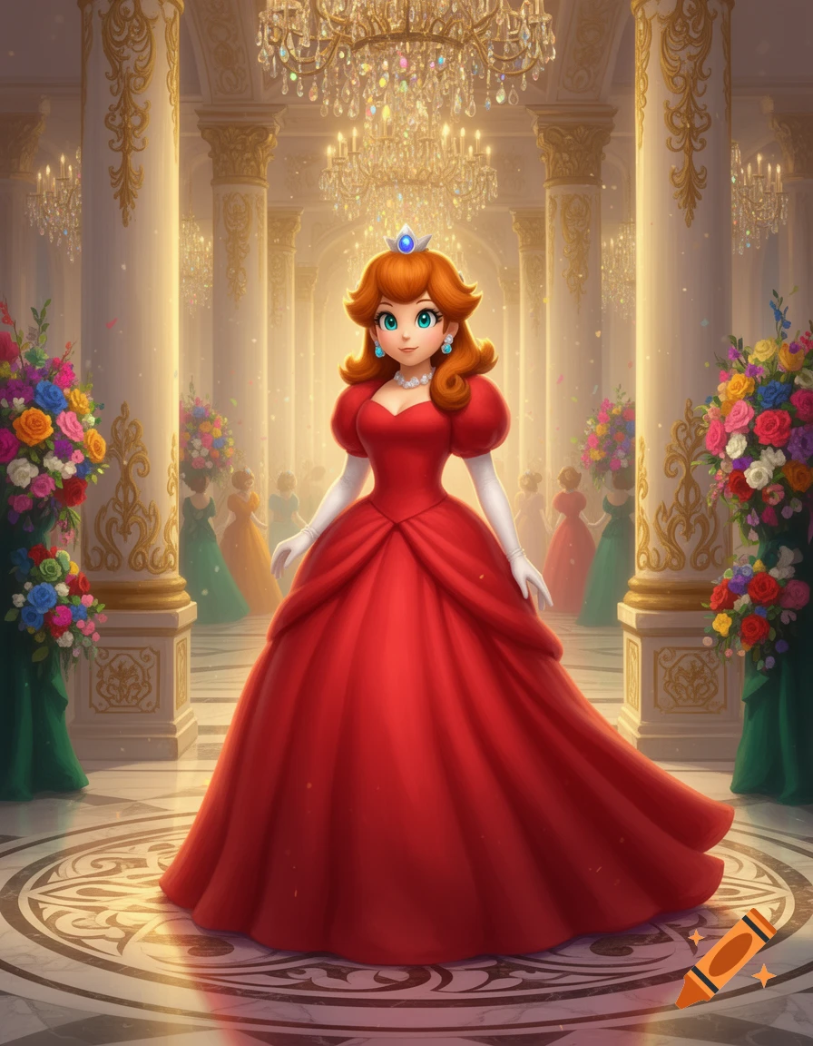 Princess Daisy in an elegant red ball gown and crown, standing in a grand, ornate ballroom with chandeliers and gold pillars.