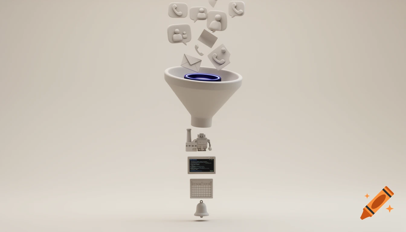 White 3D funnel with data icons flowing in, producing a stack of factory, robot, code screen, calendar, and bell, in a soft matte clay style.