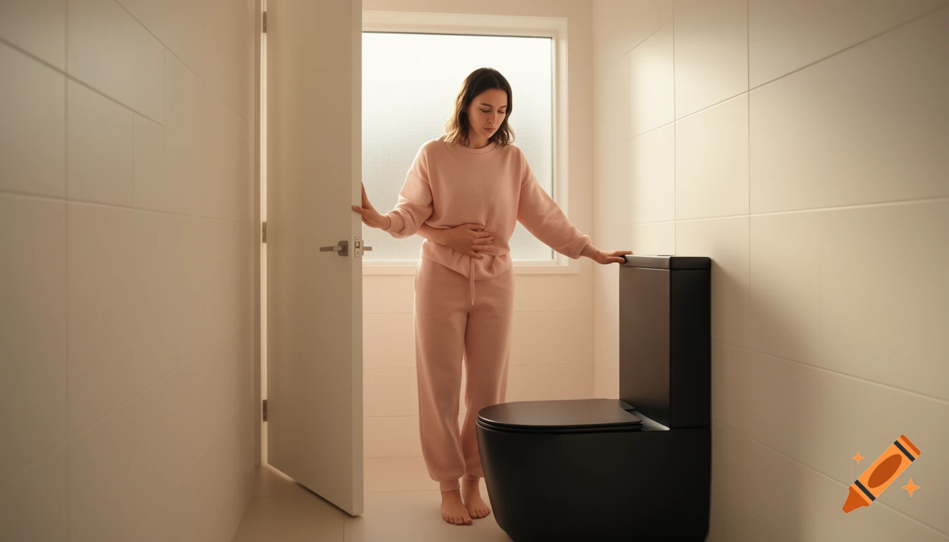 A woman in pink loungewear stands in a modern bathroom, holding her stomach in discomfort next to a black toilet.