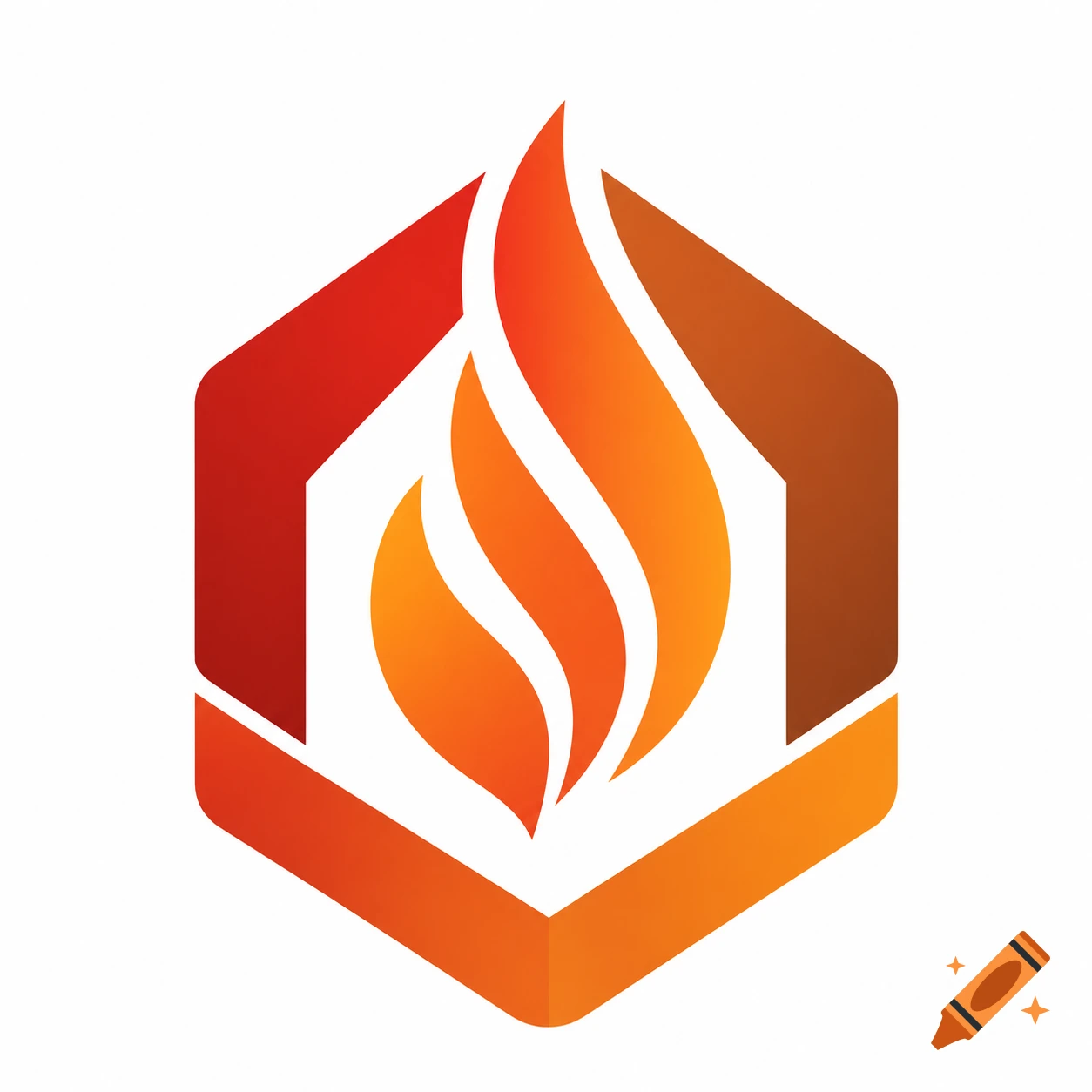 Abstract logo featuring an orange and red flame within a stylized hexagon.