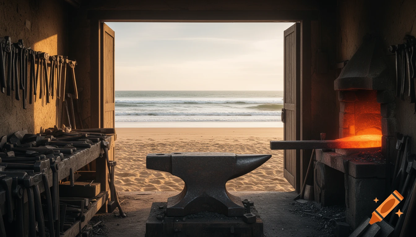 A blacksmith workshop with an anvil and glowing forge, its open doors revealing a sunny beach with ocean waves.