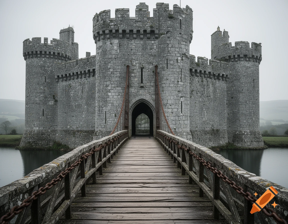 A grey medieval stone castle with a wooden drawbridge over a moat under an overcast sky.
