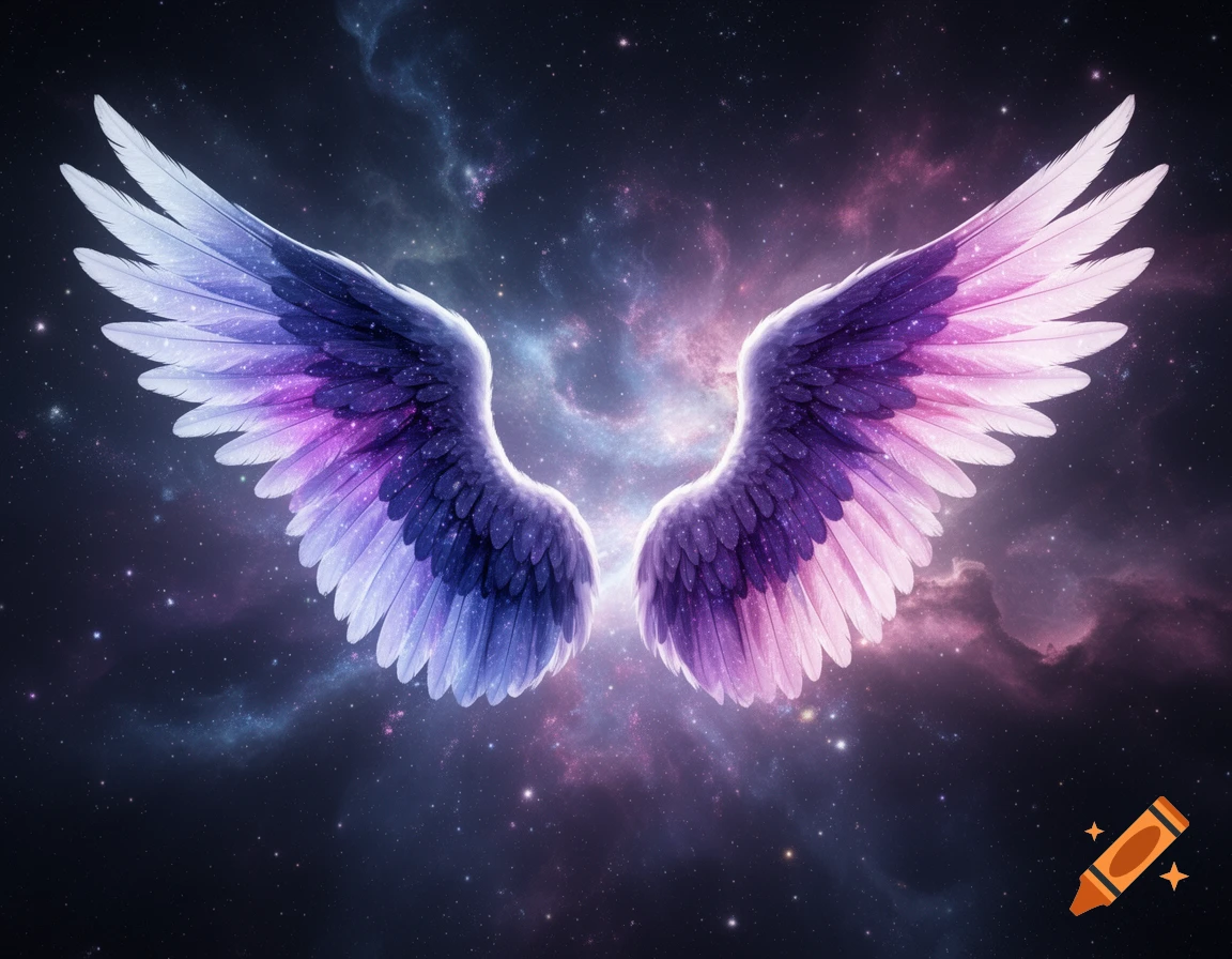Colorful purple, blue, and pink angel wings against a vibrant starry galaxy background.