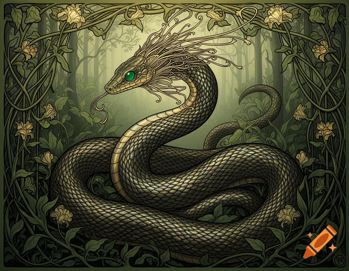 An ornate Art Nouveau drawing of a coiled snake with a feathered crest and emerald eyes in a verdant forest.