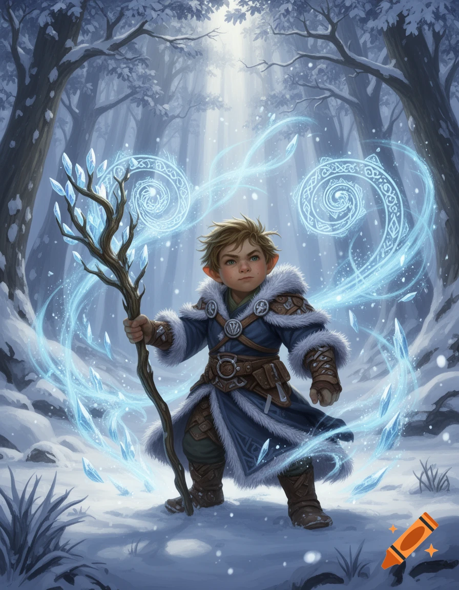 A youthful halfling sorcerer-druid in a fur-lined robe holds an ice-covered staff, surrounded by swirling blue magic in a snowy forest.