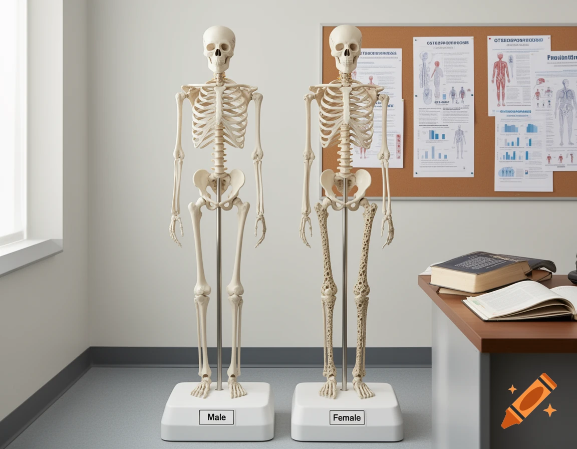 Two skeleton models, male and female, stand in a classroom setting. The female model's legs show signs of porous bone structure, illustrating osteoporosis.
