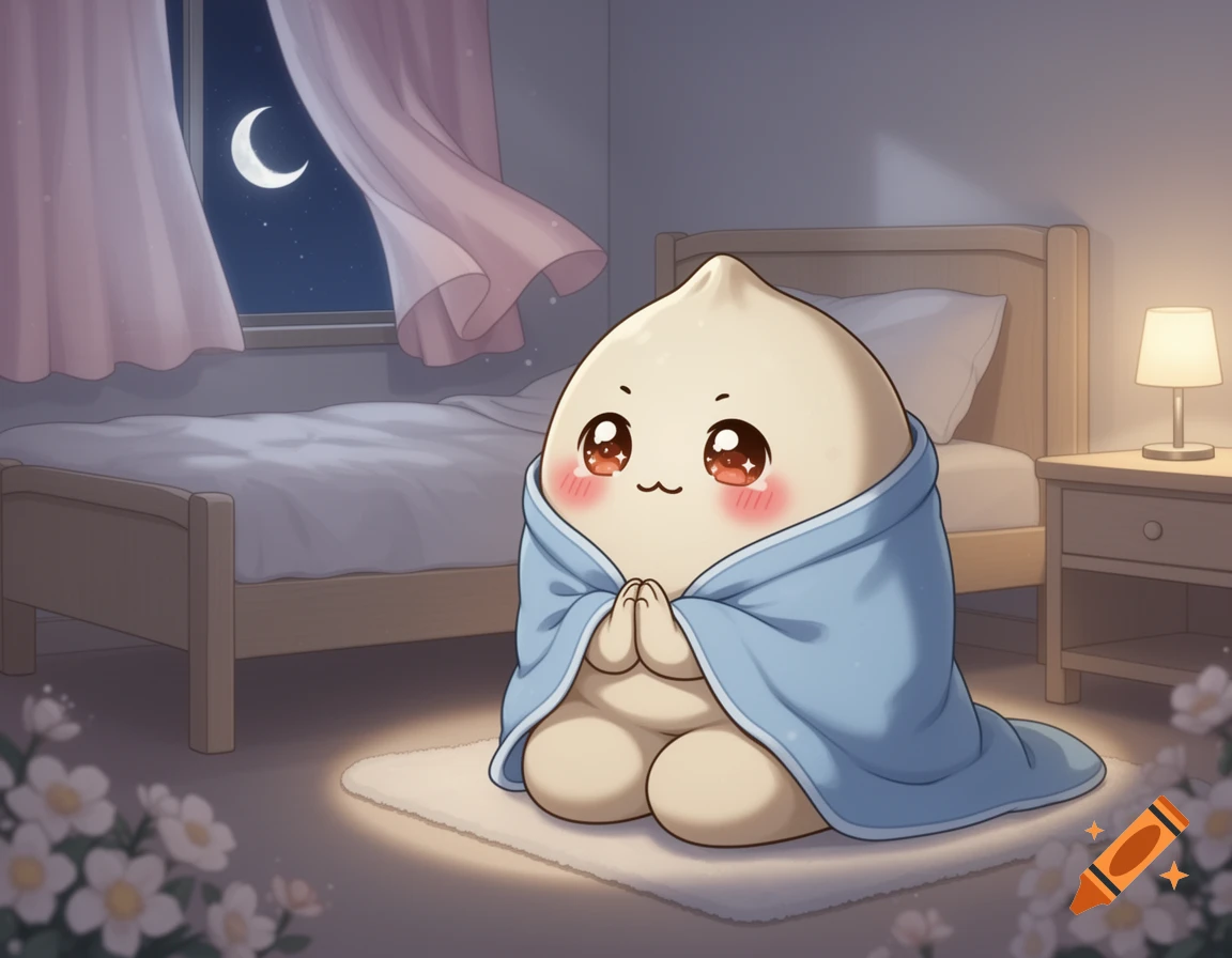 A cute, blushing dumpling character in a blue blanket kneels on a glowing rug in a cozy anime bedroom at night, with a crescent moon visible outside the window.