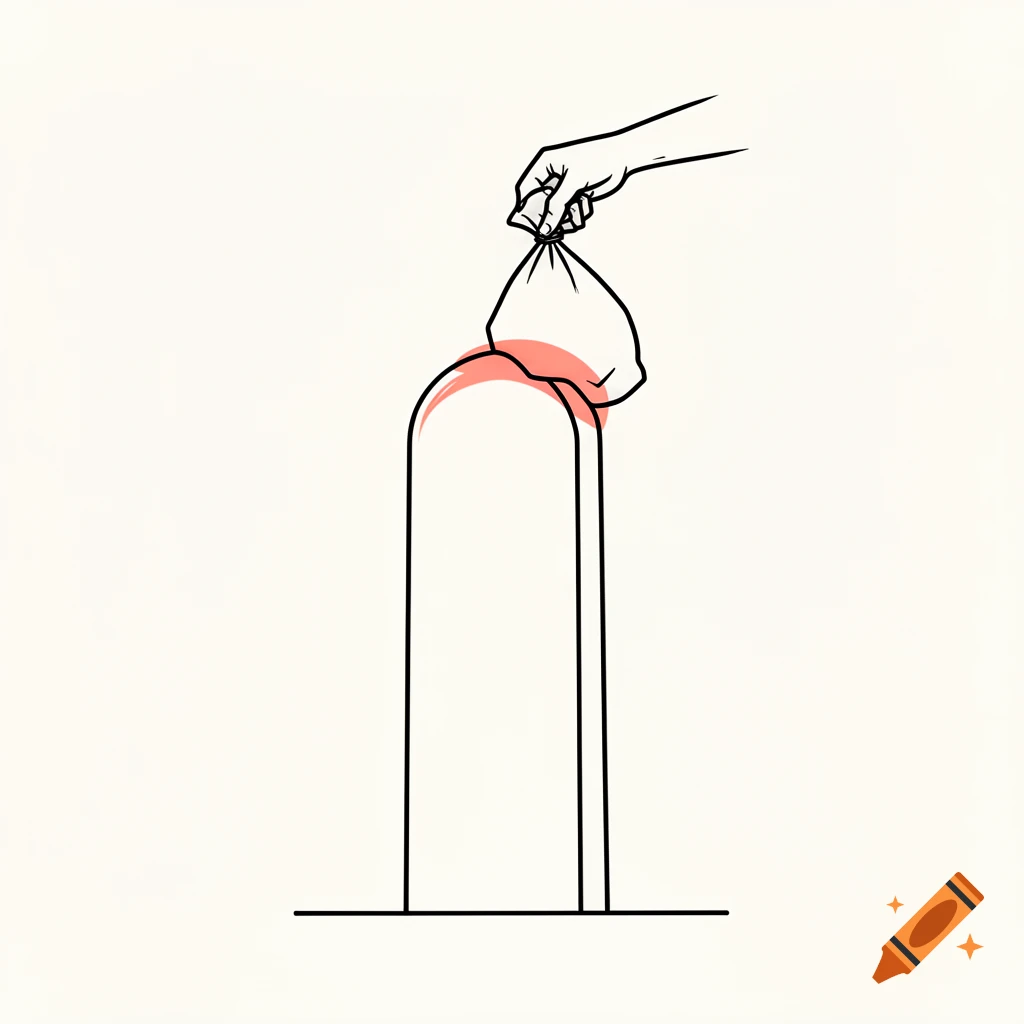 Minimalist black line art illustration of a hand dropping a bag off a coral-accented pillar.