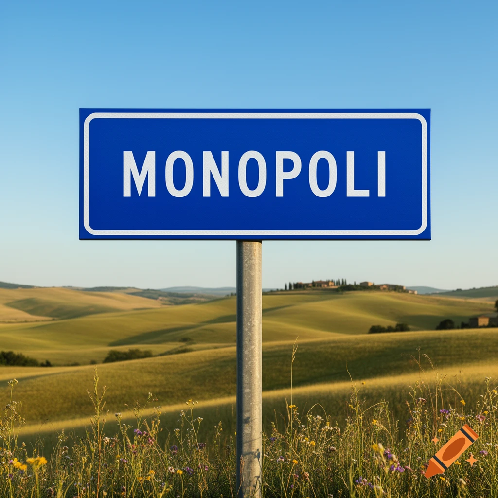 A blue road sign with "MONOPOLI" in white text stands in a sunny, green rural landscape with rolling hills and wildflowers.