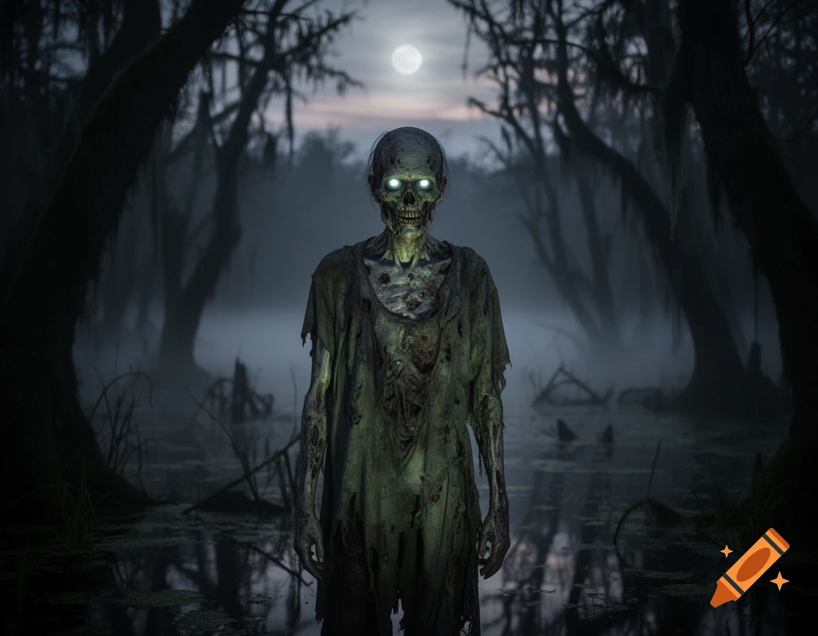 A decaying zombie with glowing green eyes stands still in a misty, moonlit swamp, surrounded by dark, gnarled trees.