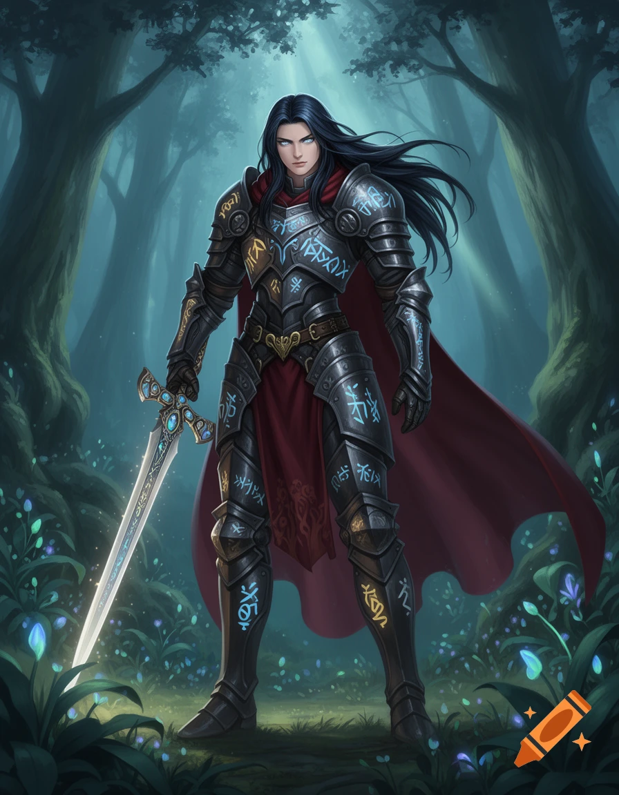 A dark-haired fantasy warrior in ornate armor with glowing runes and a red cape stands with a glowing sword in a misty forest, digital art.