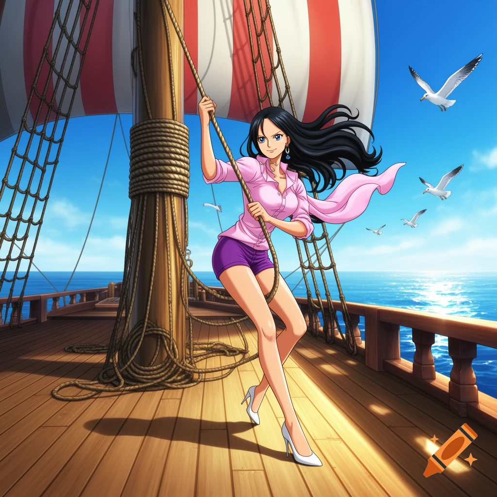 Anime character Nico Robin in a pink shirt and purple shorts pulls a rope on a ship deck with a red and white sail and ocean background.
