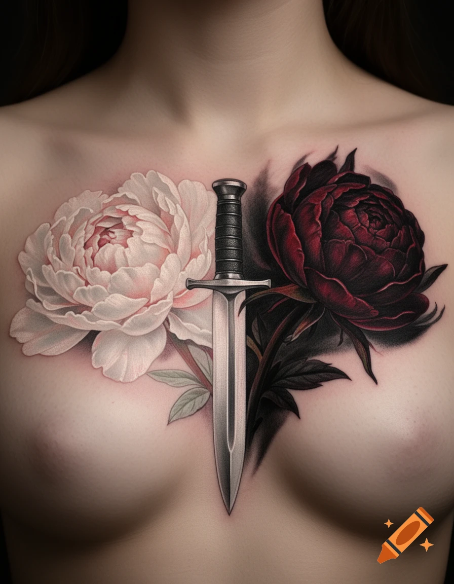 A hyper-realistic chest tattoo featuring a white peony and a dark red peony with a silver dagger between them.