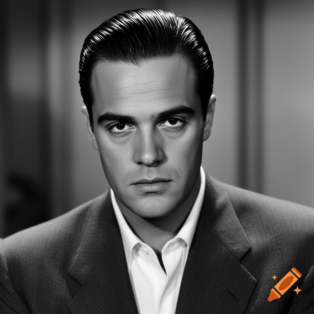 A serious-looking man with slicked-back hair in a suit, captured in a black and white portrait.