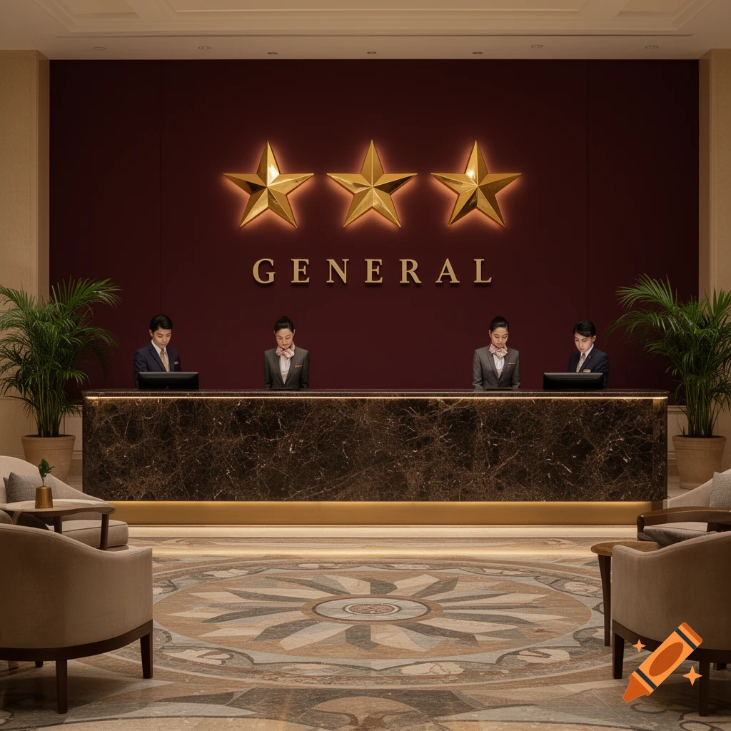 A luxurious hotel lobby with a large marble reception desk, three receptionists, and a burgundy wall with three golden stars and the word "GENERAL".