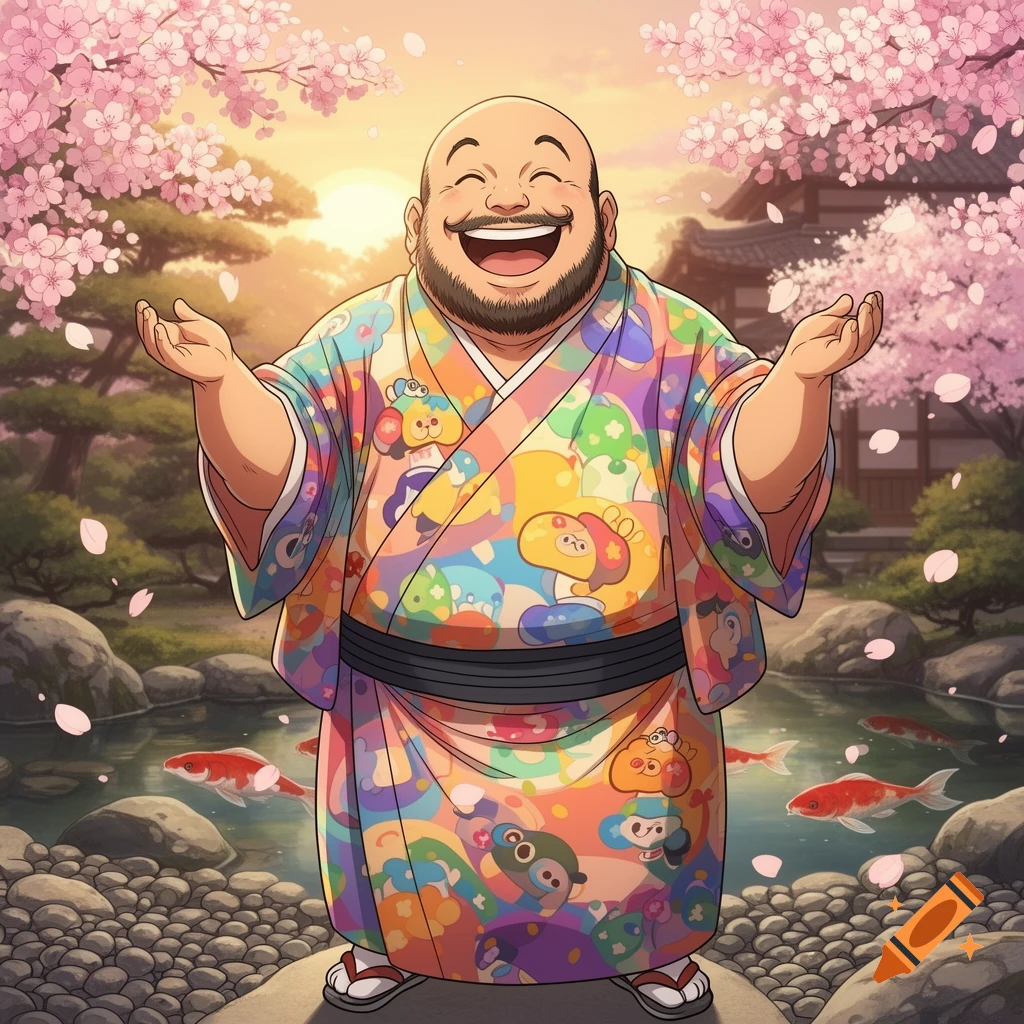 A cheerful bald man in a colorful anime kimono in a Japanese garden with cherry blossoms and koi fish.