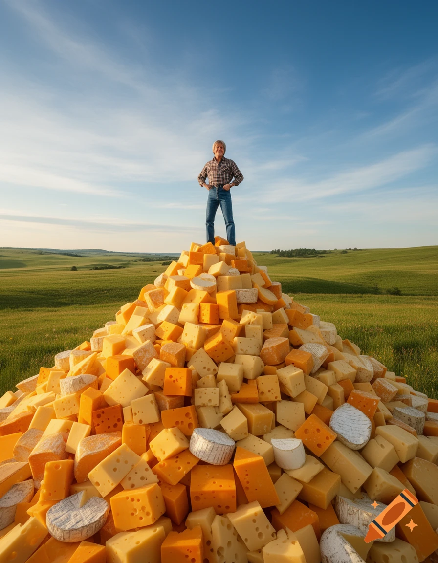 A man stands proudly atop a giant mountain of various cheeses in a vast green field under a clear blue sky.
