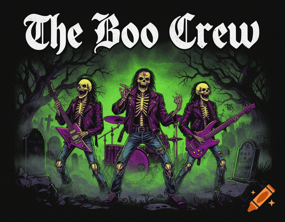 Three skeletal musicians, 'The Boo Crew,' play guitar, drums, and bass in a spooky, neon green and purple graveyard.