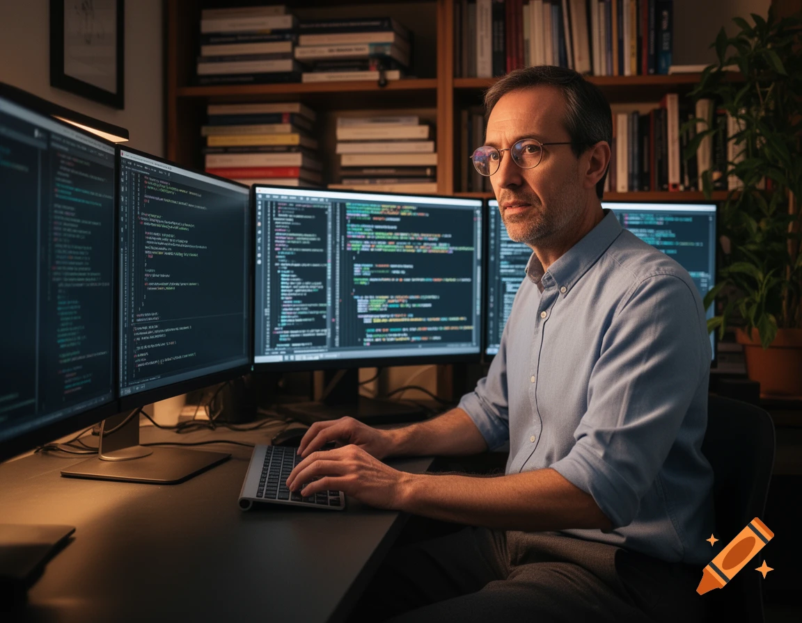 A man, a computer scientist, types on a keyboard in a home office with multiple code-filled computer screens and bookshelves.