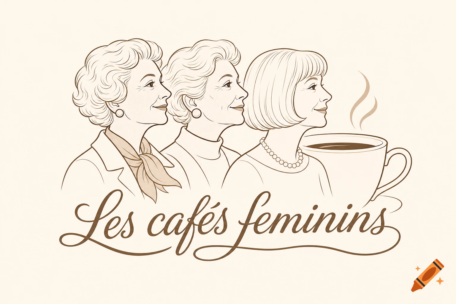 A sepia-toned line art logo showing three older women in profile looking right, with a large coffee cup and steam behind them. Below, script text reads "Les cafés feminins".