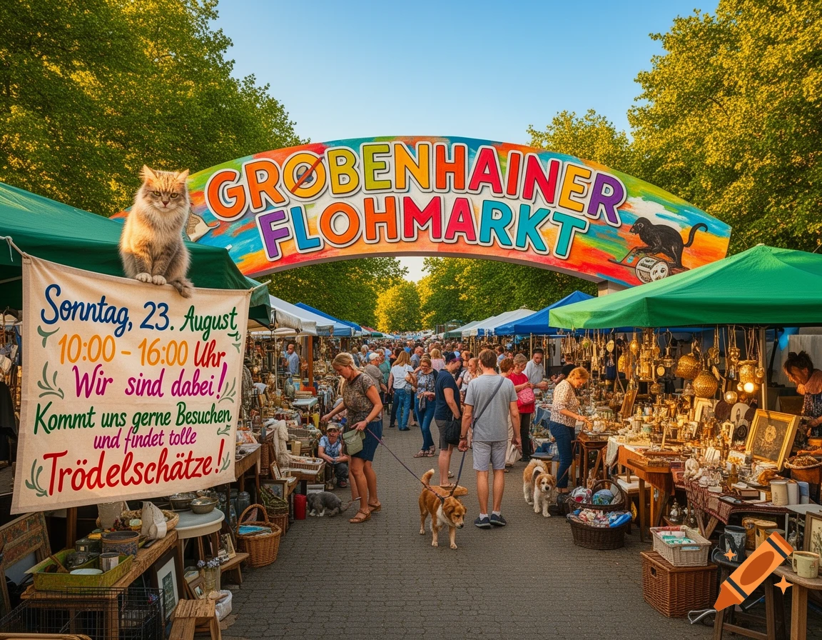 A vibrant outdoor flea market with many people, stalls full of items, a large fluffy cat on a green tent, and dogs on leashes. A colorful arch sign reads "GROSSENHAINER FLOHMARKT" and a banner on the left provides event details.