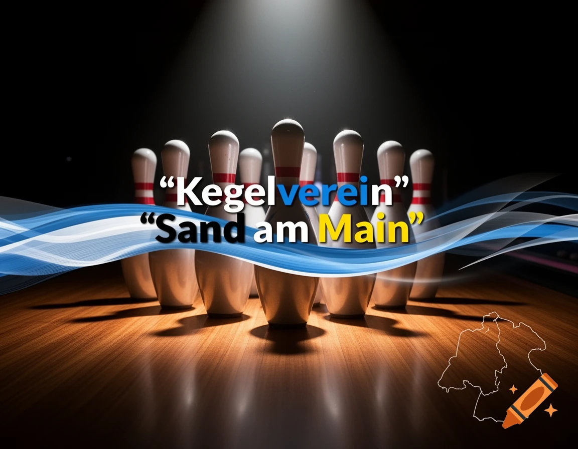 Bowling pins on a wooden lane under a spotlight, with blue waves and text 'Kegelverein Sand am Main'.