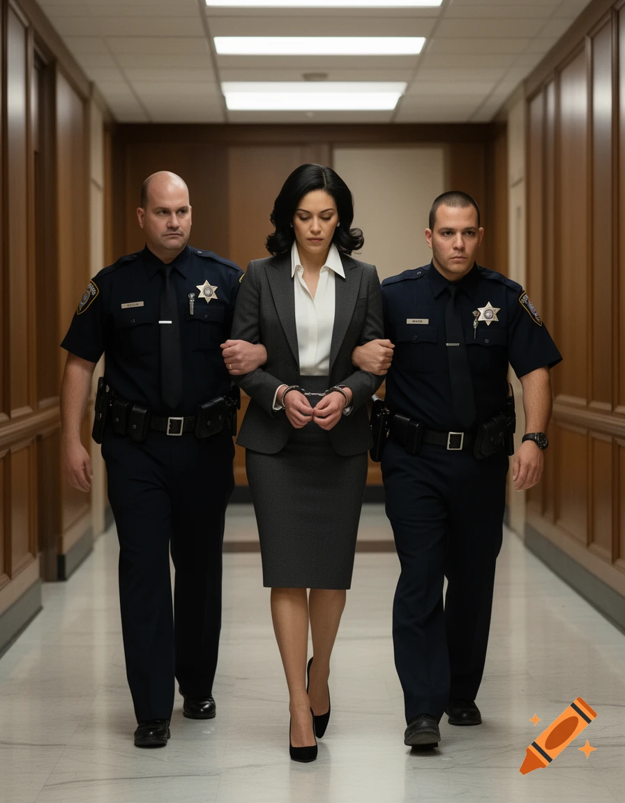 A businesswoman in a suit, handcuffed and escorted by two bailiffs, walks down a courthouse corridor.