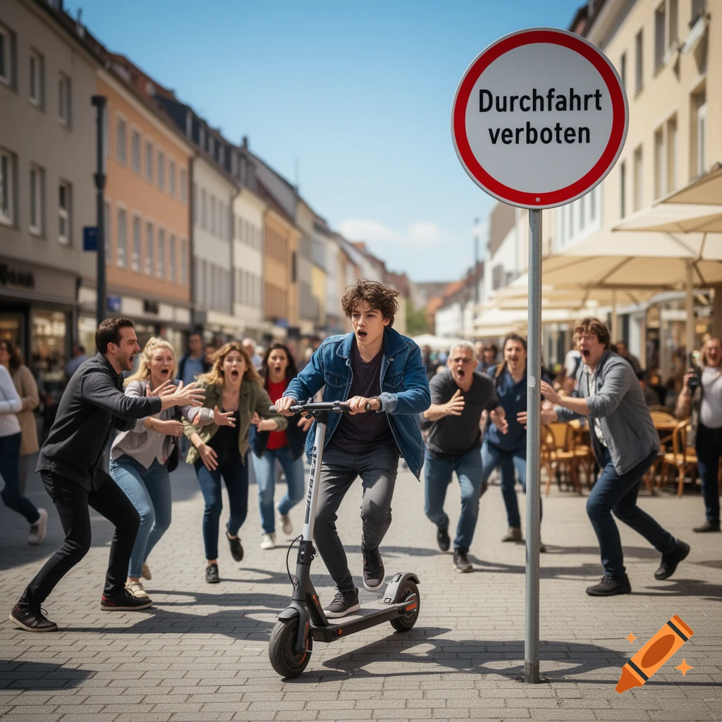 A young man on an e-scooter speeds through a crowded pedestrian zone as people react in alarm, passing a 'No Entry' sign.