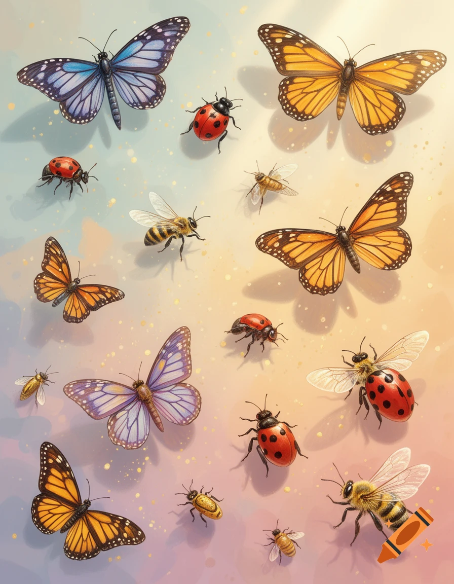 A detailed illustration of various colorful butterflies, red ladybugs, and striped bees floating across a soft, light-colored background.