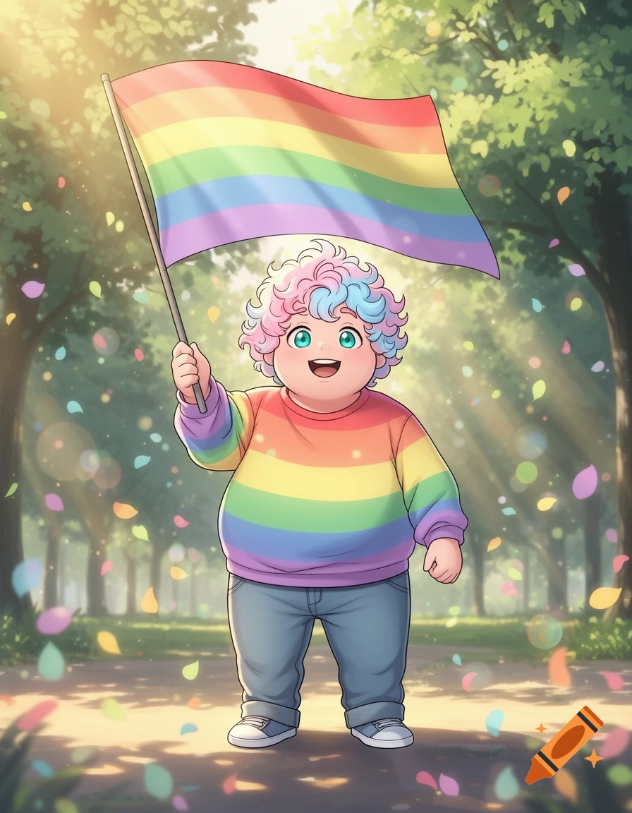 Chubby anime child with colorful hair holding a rainbow pride flag in a sunny park with falling colorful leaves.