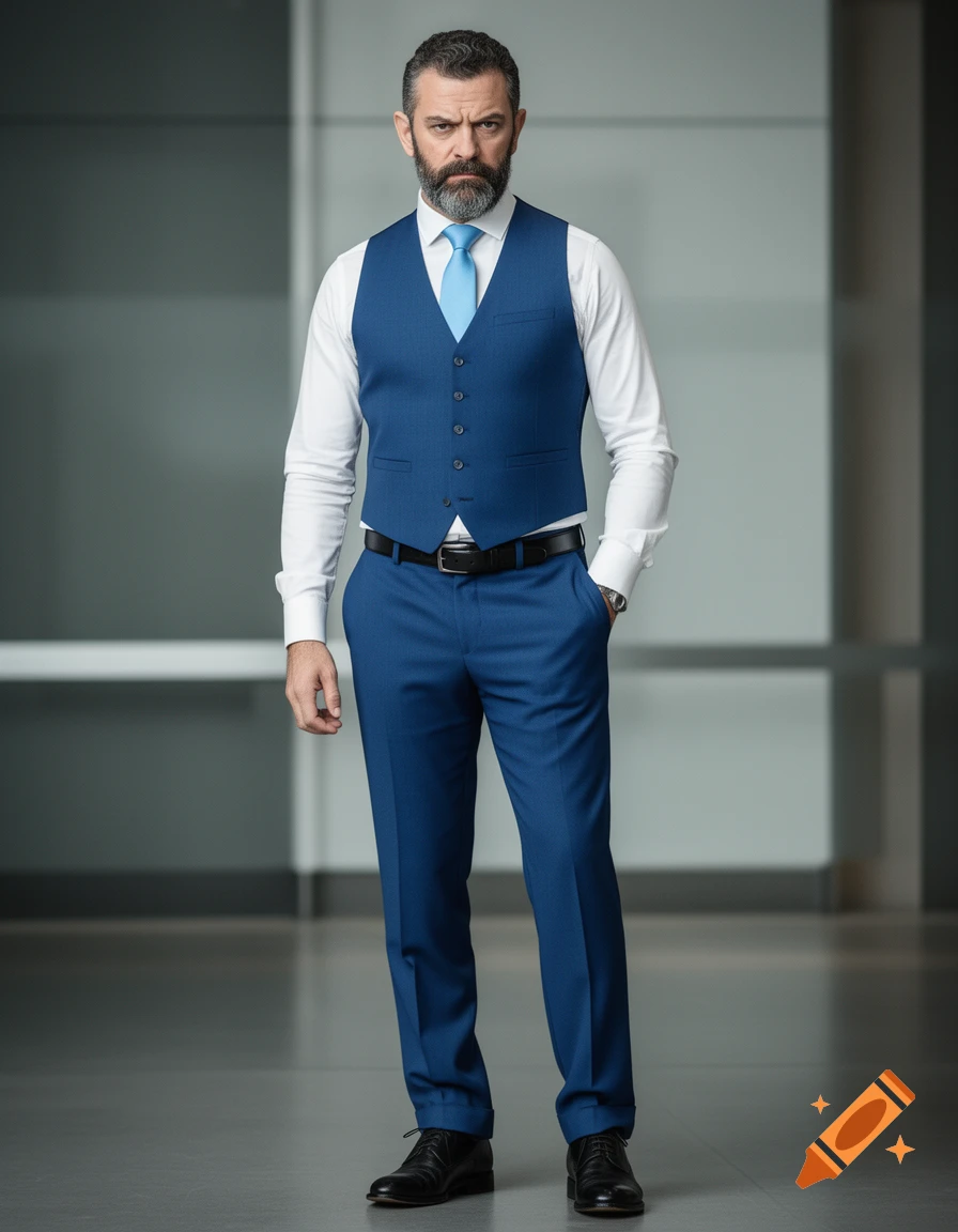 A stern-looking man with a beard stands wearing a blue vest, matching trousers, a white shirt, and a light blue tie.
