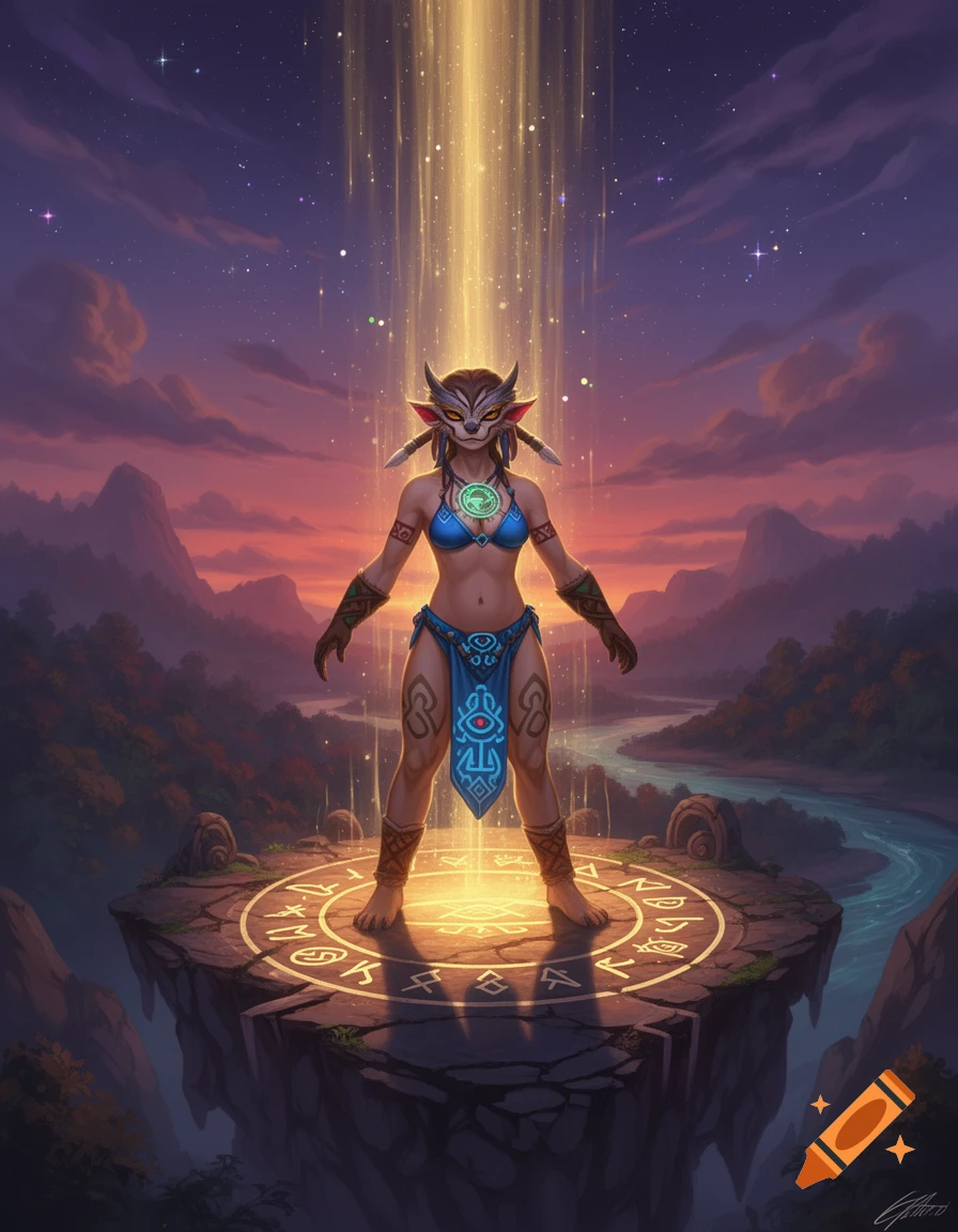 A female warrior with animal features, wearing a bikini top and loincloth, stands on a glowing ritual circle as light beams down from the sunset sky.